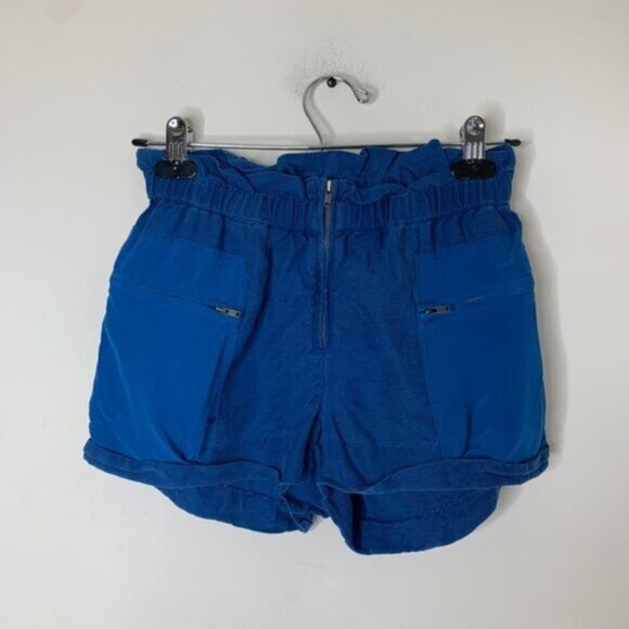 Aritzia Wilfred Shorts Crepe Paperbag Ruched Elastic Waist Linen Cobalt Blue - Picture 3 of 15